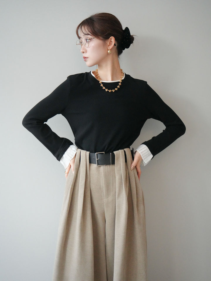 [SET]袖プリーツ配色レイヤードトップス+ベルトデザインループコールテンワイドパンツ(ベルト付き)(2set)
