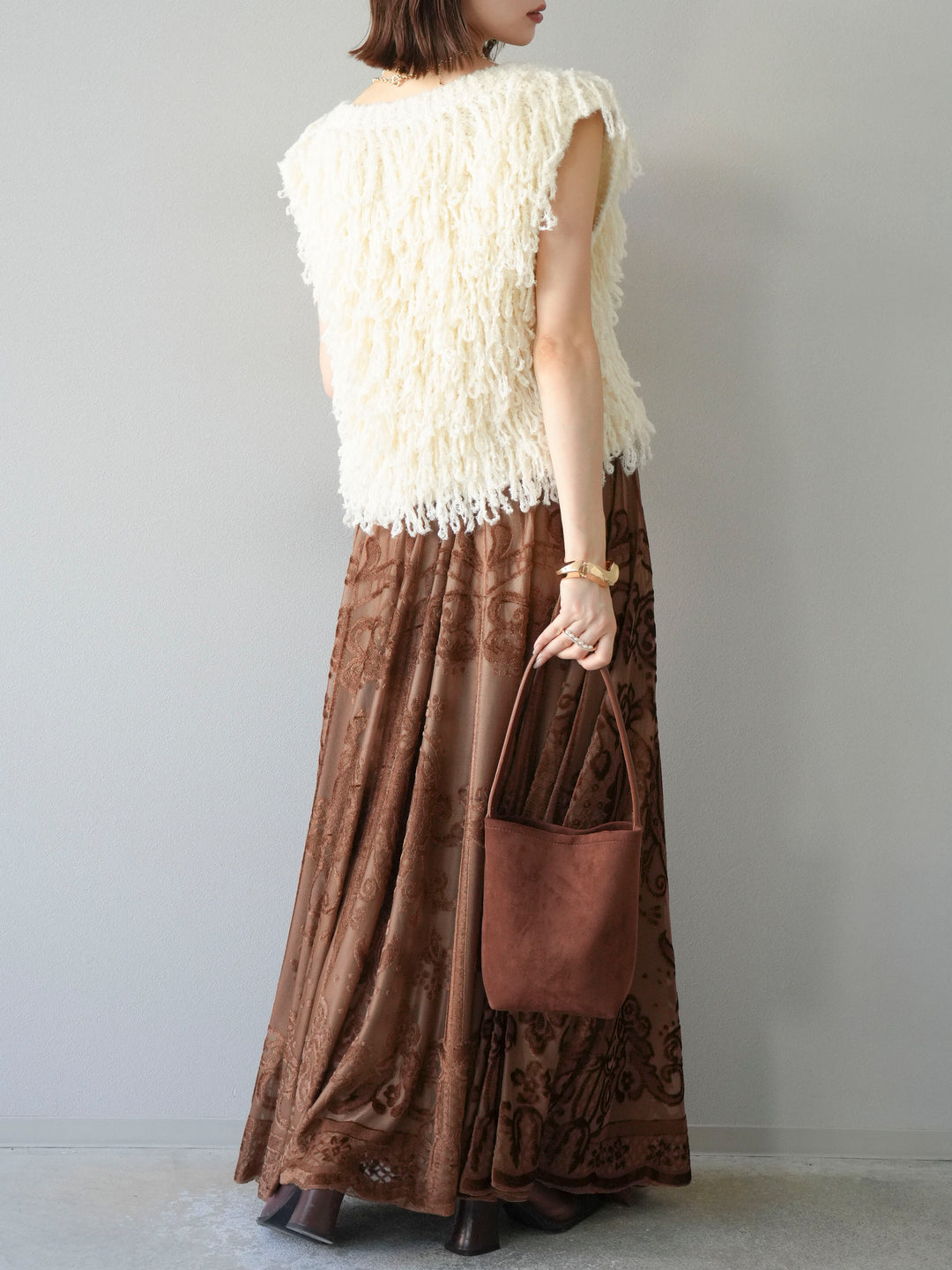 [予約]アンティーク柄フロッキーマキシスカート/ブラウン