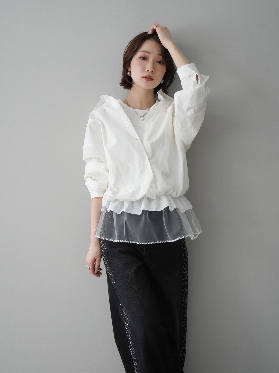 [予約]裾チュールノースリーブカットソー＆シャツドッキングトップス/white