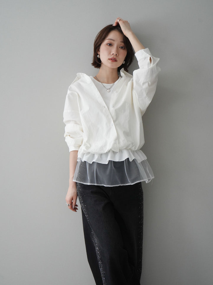 [予約]裾チュールノースリーブカットソー＆シャツドッキングトップス/white