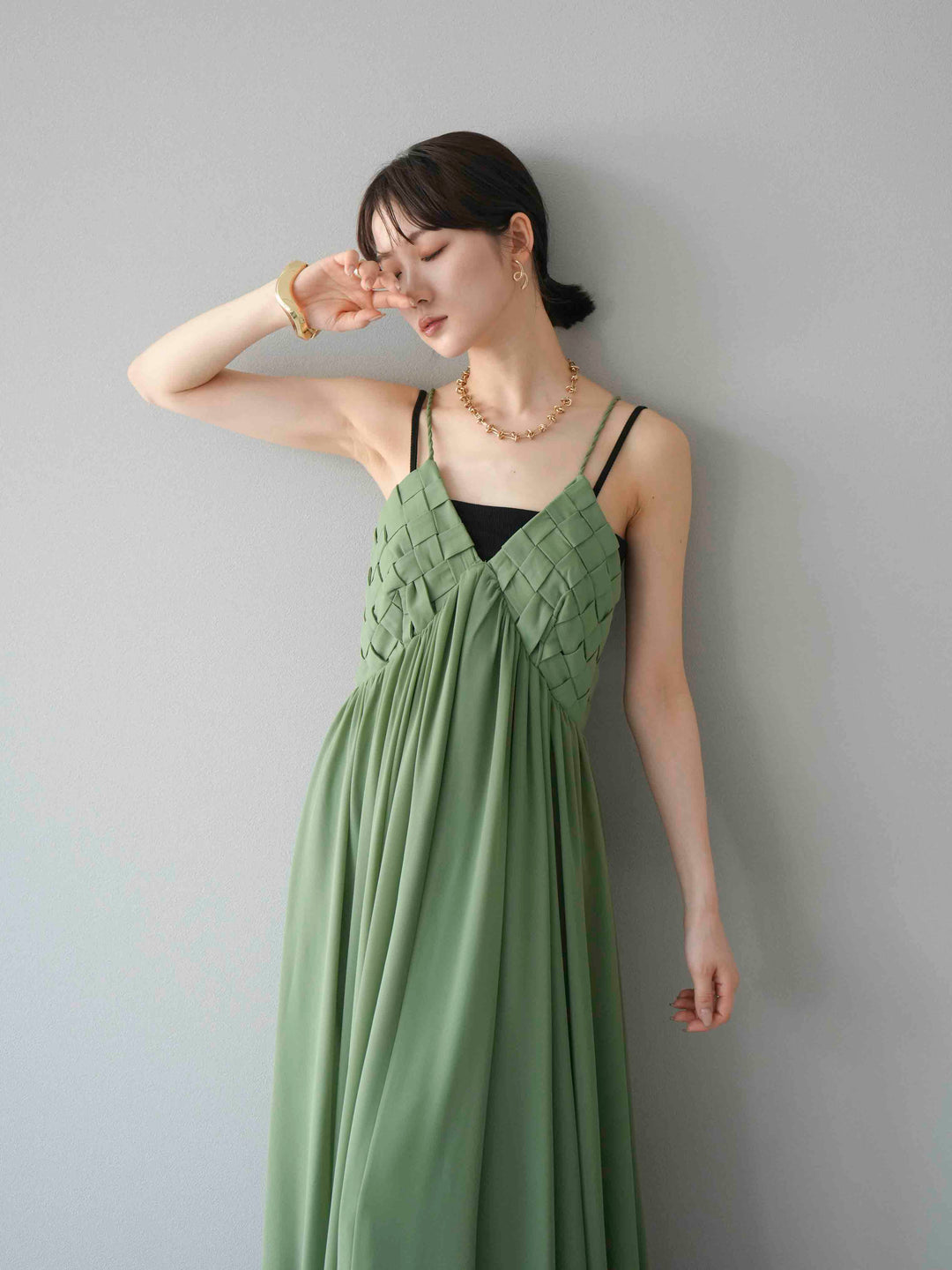 [予約]編み込みデザインシフォンワンピース/グリーン