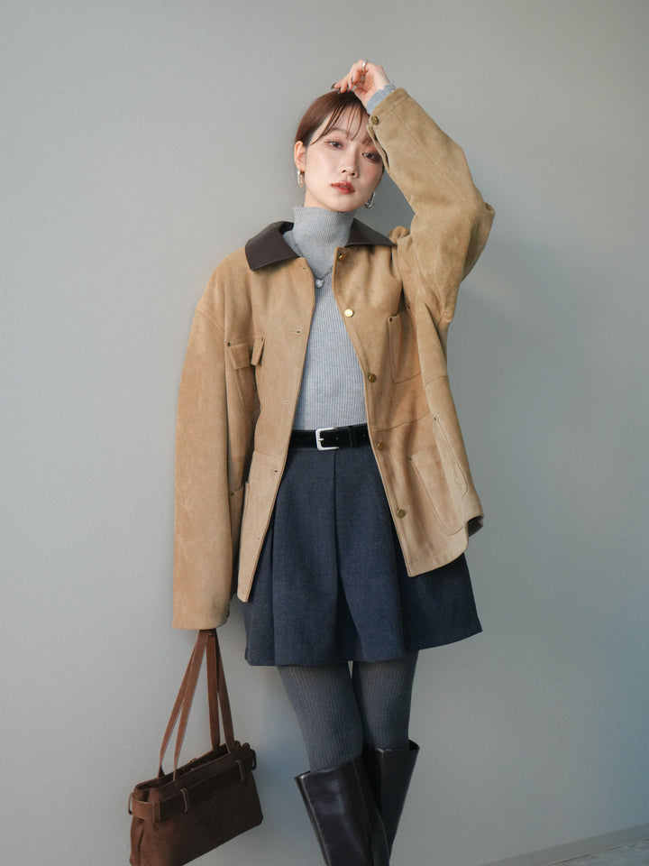 [SET]襟レザーステンカラースエードジャケット+選べるアクセセット(2set)