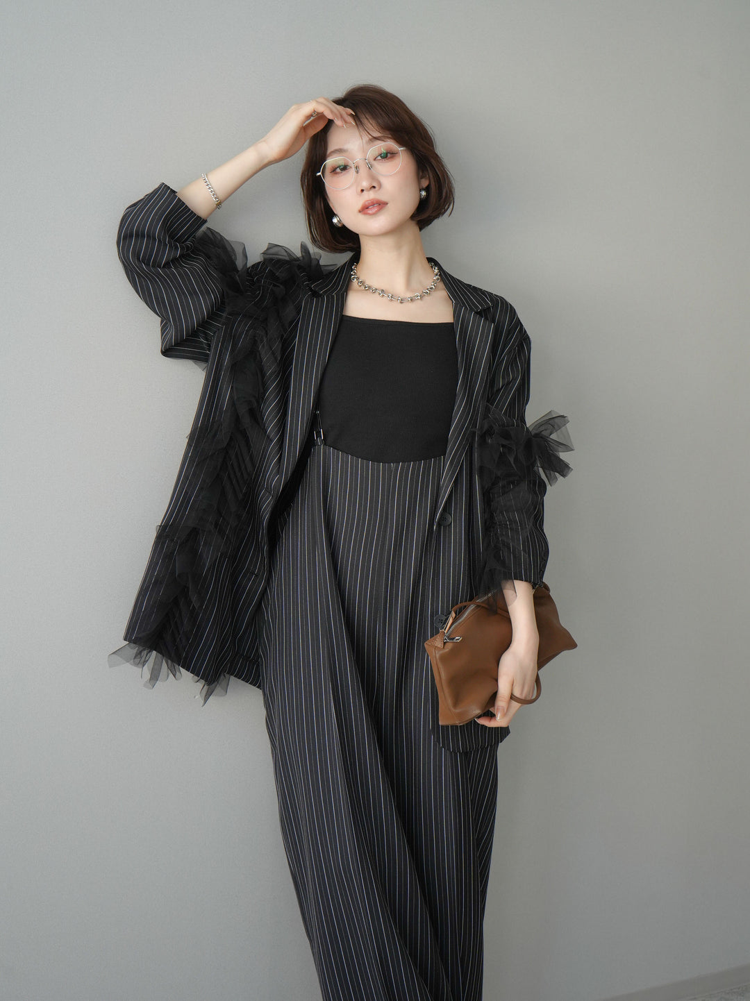 [予約]アシンメトリーチュールストライプジャケット/black