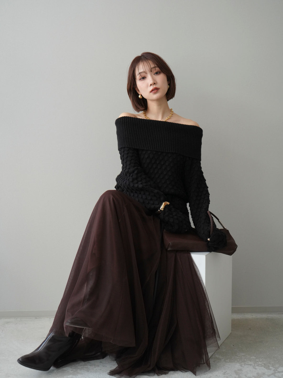 [SET]ポコポコ編みオフショルニットプルオーバー+ポコポコ編みオフショルニットプルオーバー(2set)