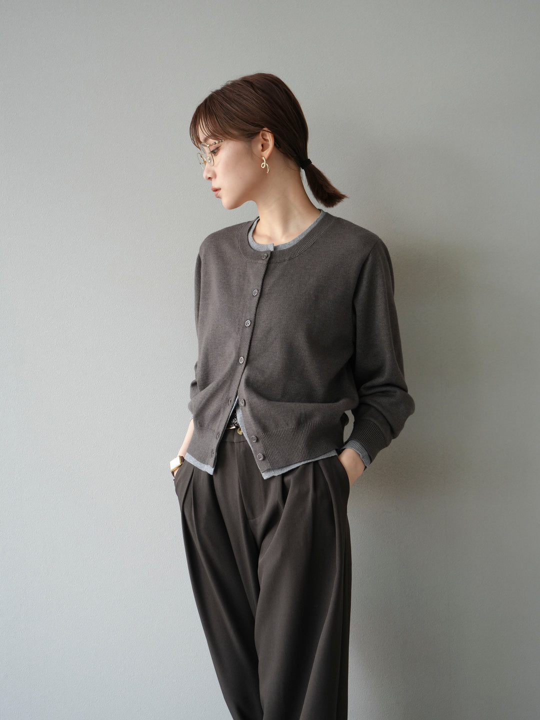 【SET】同色系疊穿開襟衫+雙褶寬褲（2件組）