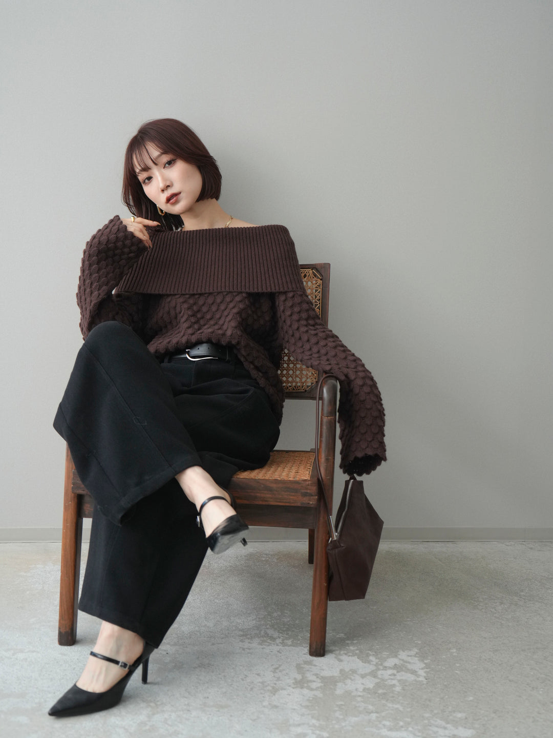 [SET]ポコポコ編みオフショルニットプルオーバー+ベルト付起毛コクーンパンツ(2set)