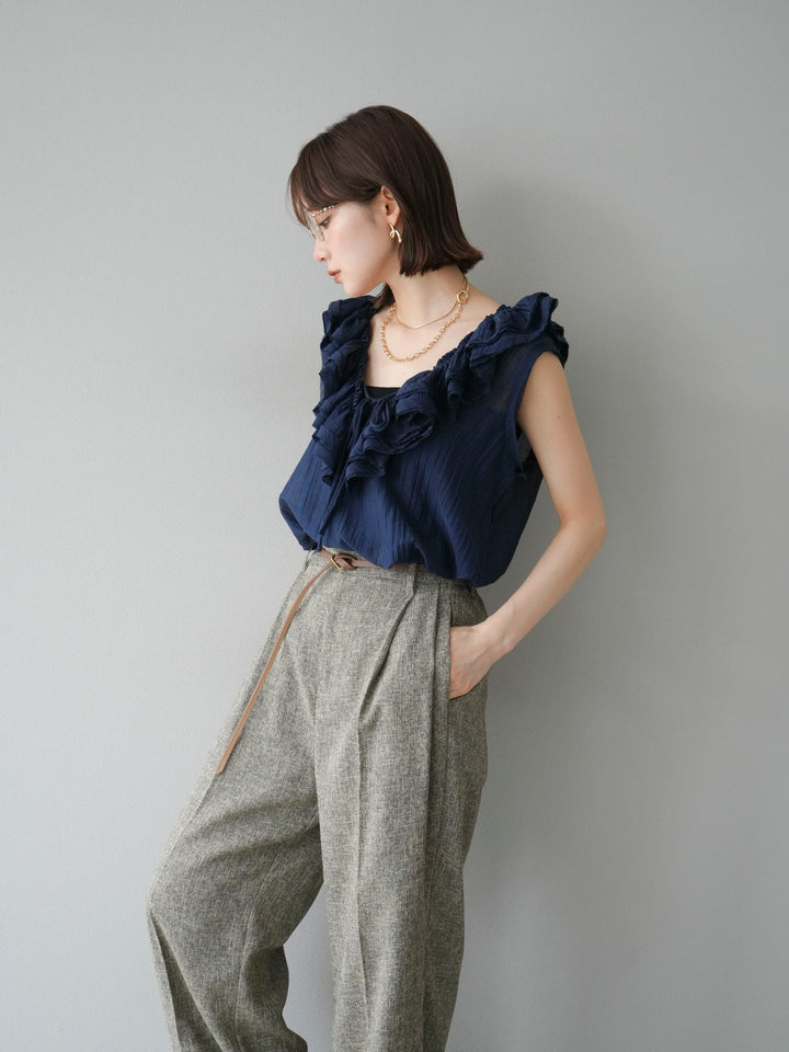 [予約]ワッシャーラッフルノースリーブブラウス/ネイビー