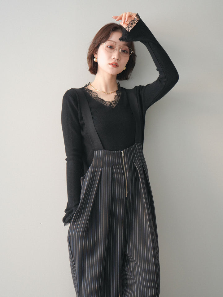 [予約]レースドッキングVネックニットトップス/black