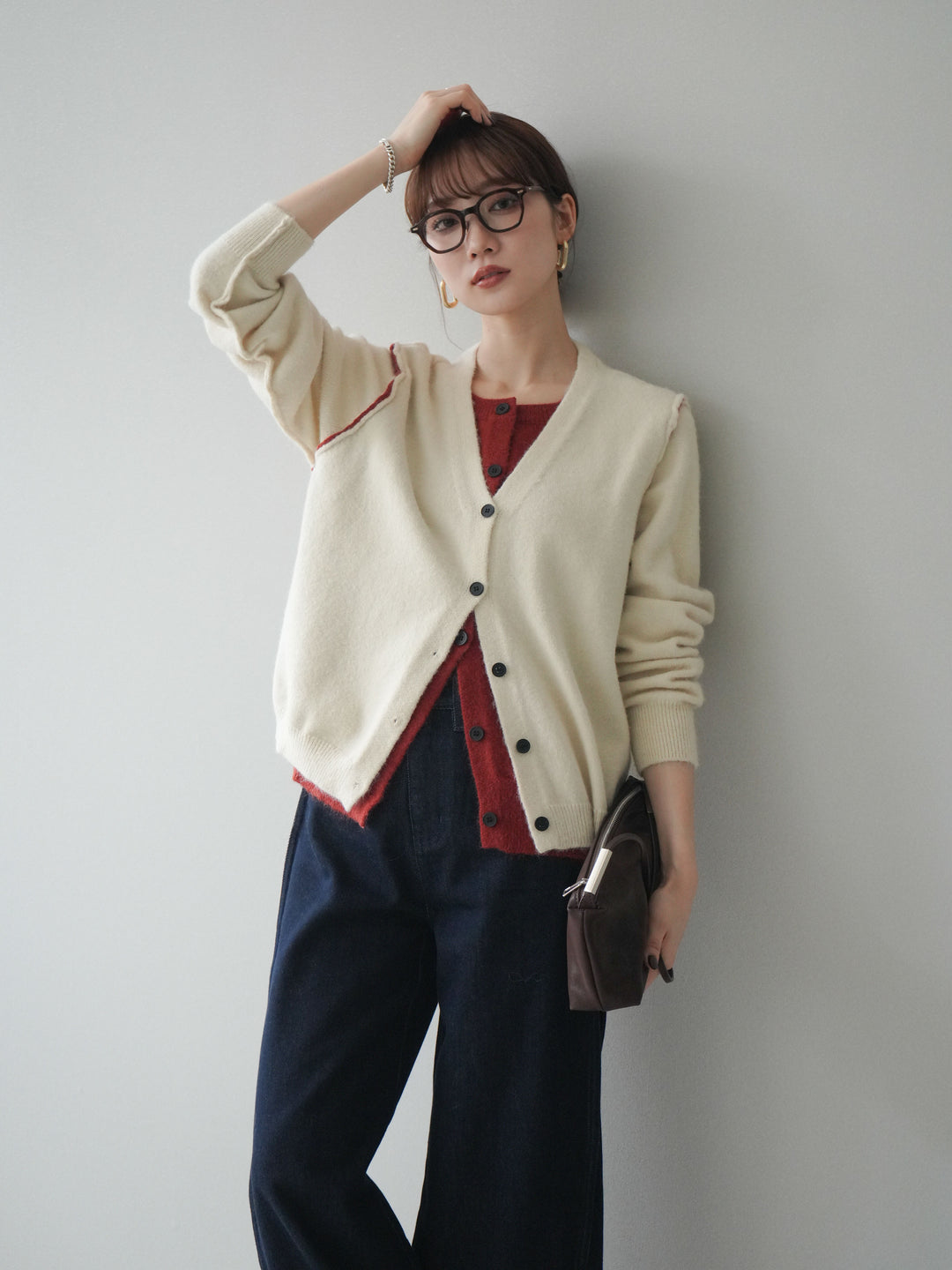 [予約]配色レイヤードニットカーディガン/ apricot