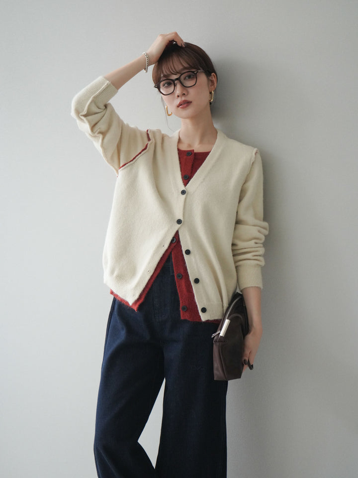 [予約]配色レイヤードニットカーディガン/ apricot