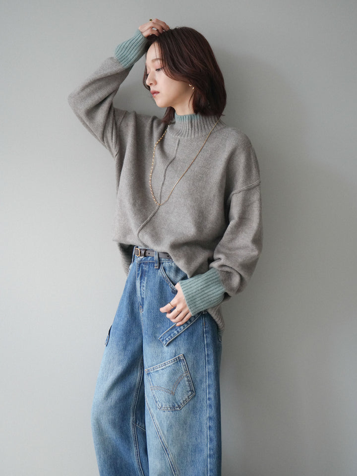 [SET]配色ハイネックニットプルオーバー+ペインターカーブデニムパンツ(2set)