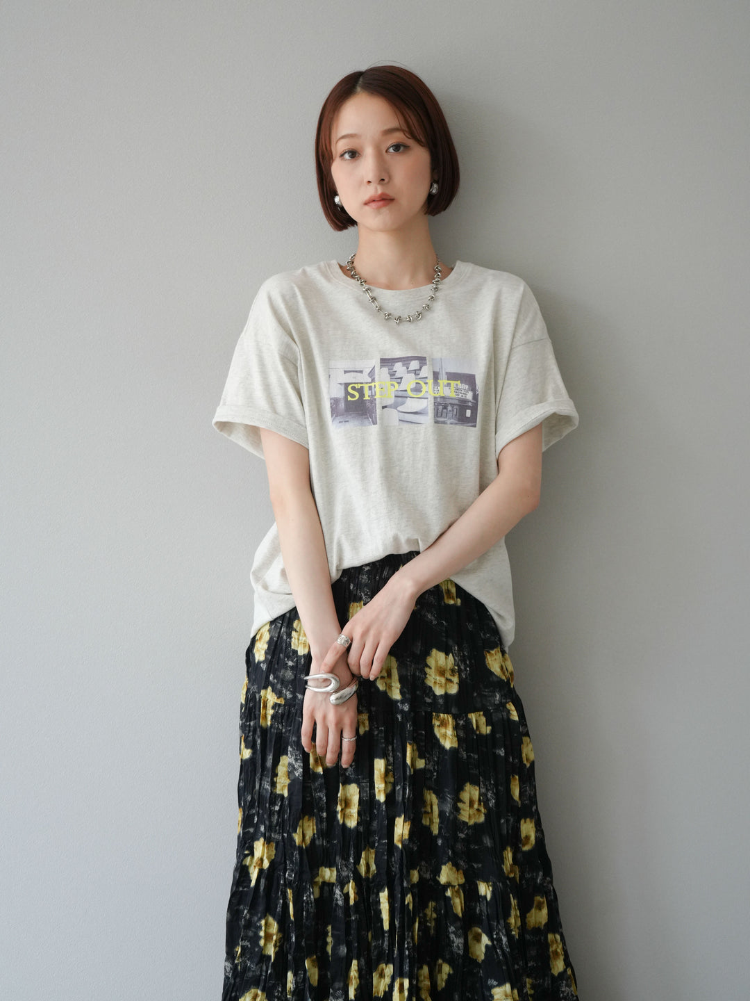 [SET]ネオンロゴコラージュフォトプリントオーバーTシャツ+フラワーワッシャーロングスカート(2set)