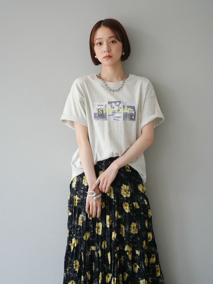 [SET]ネオンロゴコラージュフォトプリントオーバーTシャツ+フラワーワッシャーロングスカート(2set)