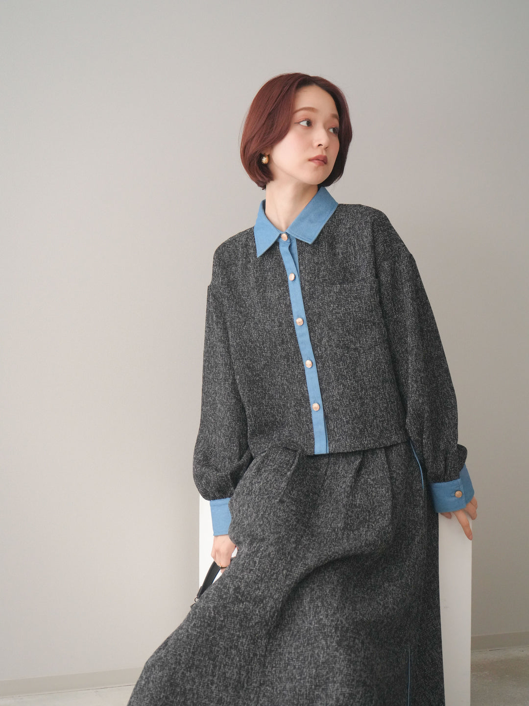[SET]異素材サマーツイードシャツ+異素材サマーツイードタックフレアスカート(2set)