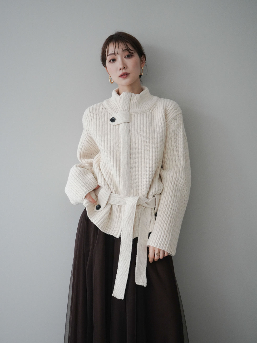 [SET]畦編みボトルネックZIPニットカーディガン+選べるアクセセット(2set)