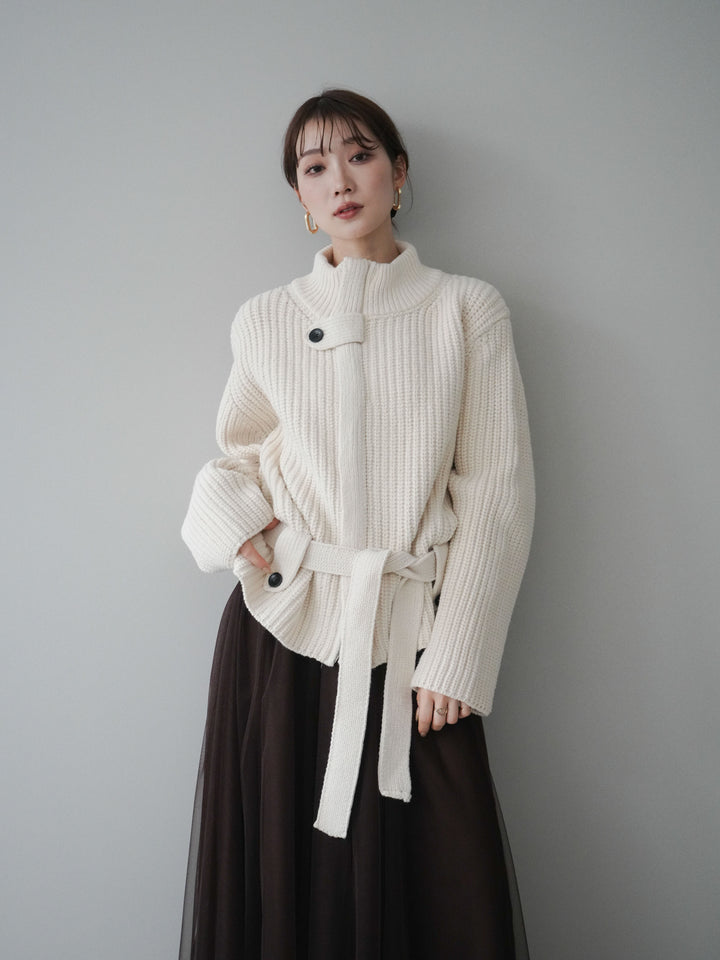 [SET]畦編みボトルネックZIPニットカーディガン+選べるアクセセット(2set)