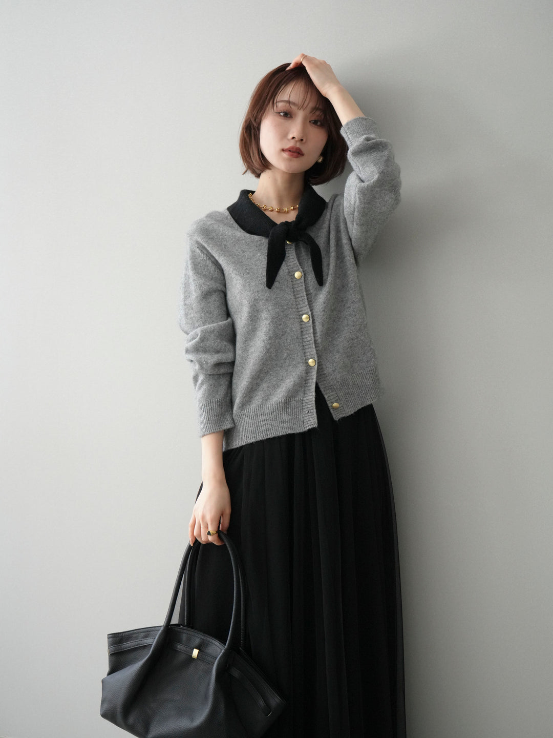 [SET]デザイン襟ニットカーディガン+チュールボリュームスカート(2set)