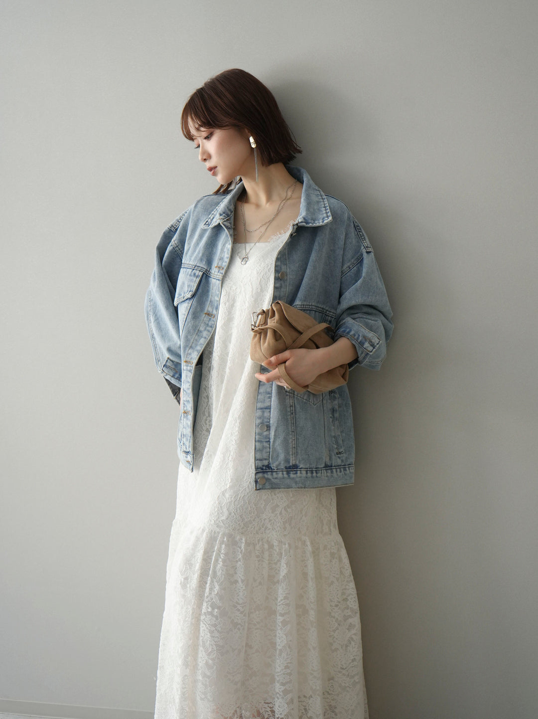 [予約]ギャザー切替レースキャミワンピース/white