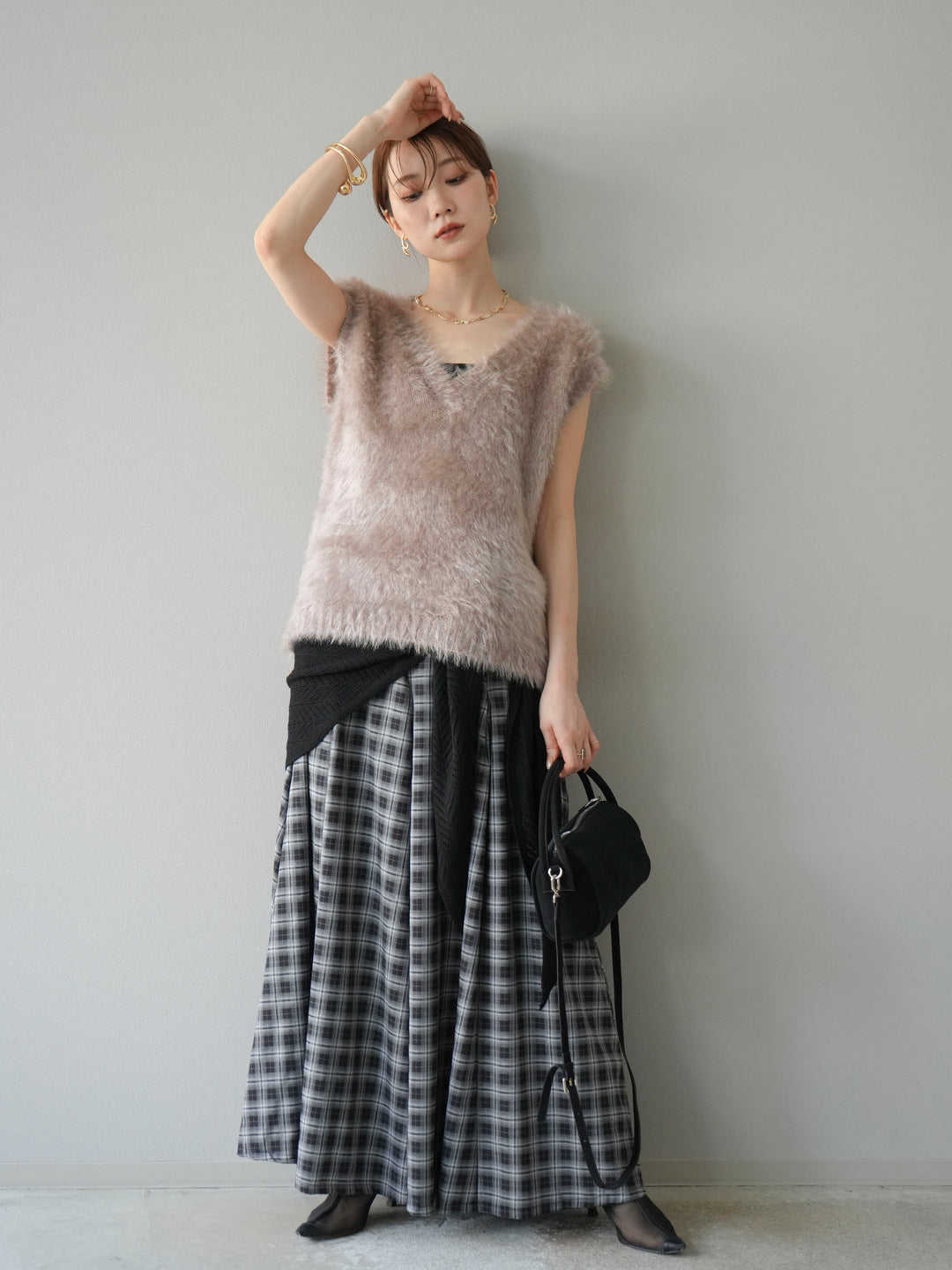[予約]チェックタックフレアロングスカート/ ブラック