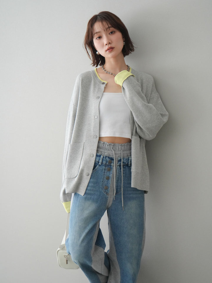 [SET]バイカラーオーバーニットカーディガン+デニム切替スウェットパンツ(2set)