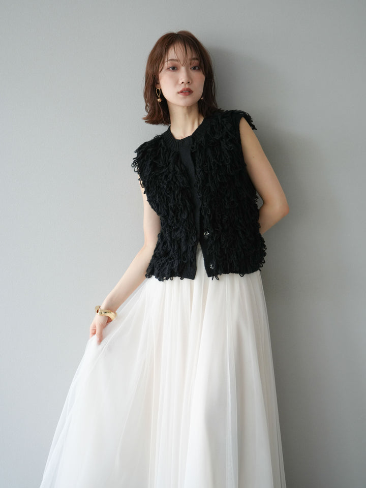 [SET] 前開衩針織背心 + 薄紗蓬鬆裙 (2 件套)