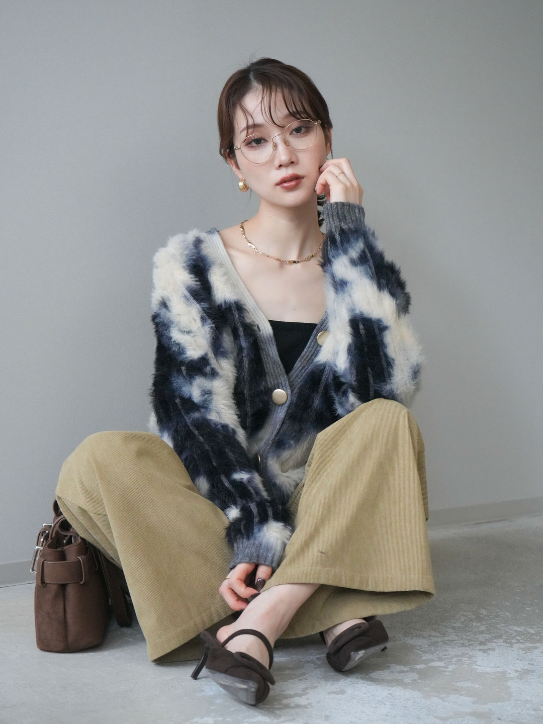 [SET]ニュアンス柄シャギーニットカーディガン+選べるアクセセット(2set)