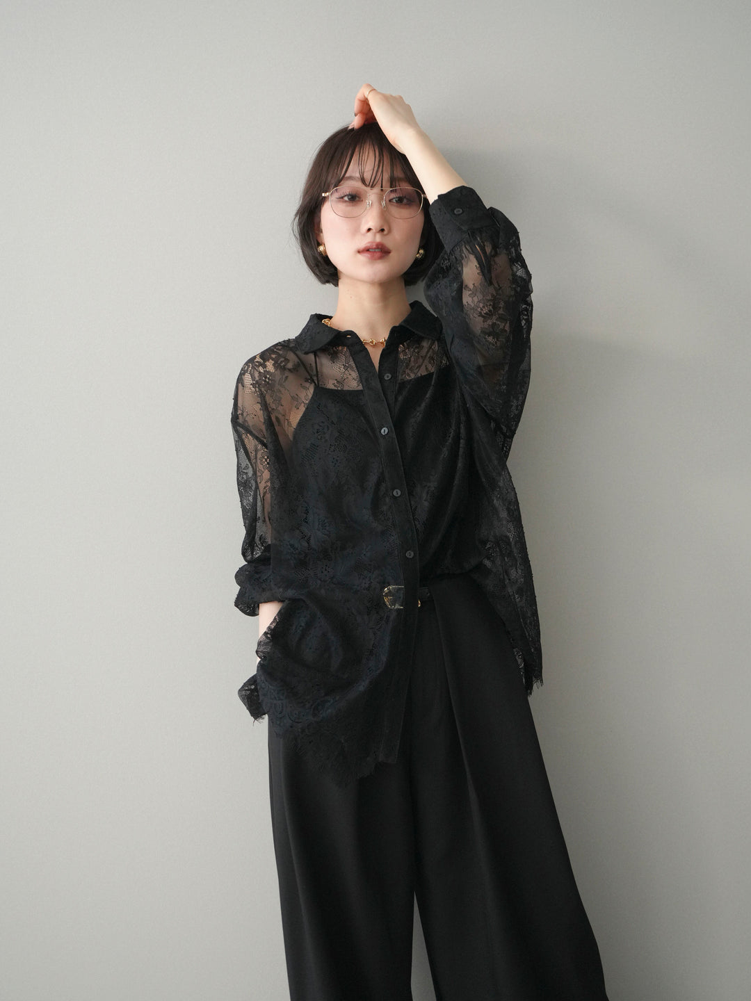 [予約]総レースボリュームスリーブシャツ/black