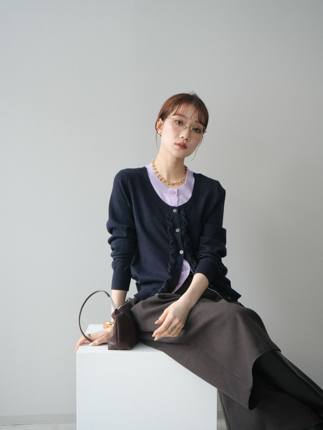 [予約]配色レイヤードフリルデザインニットカーディガン/black