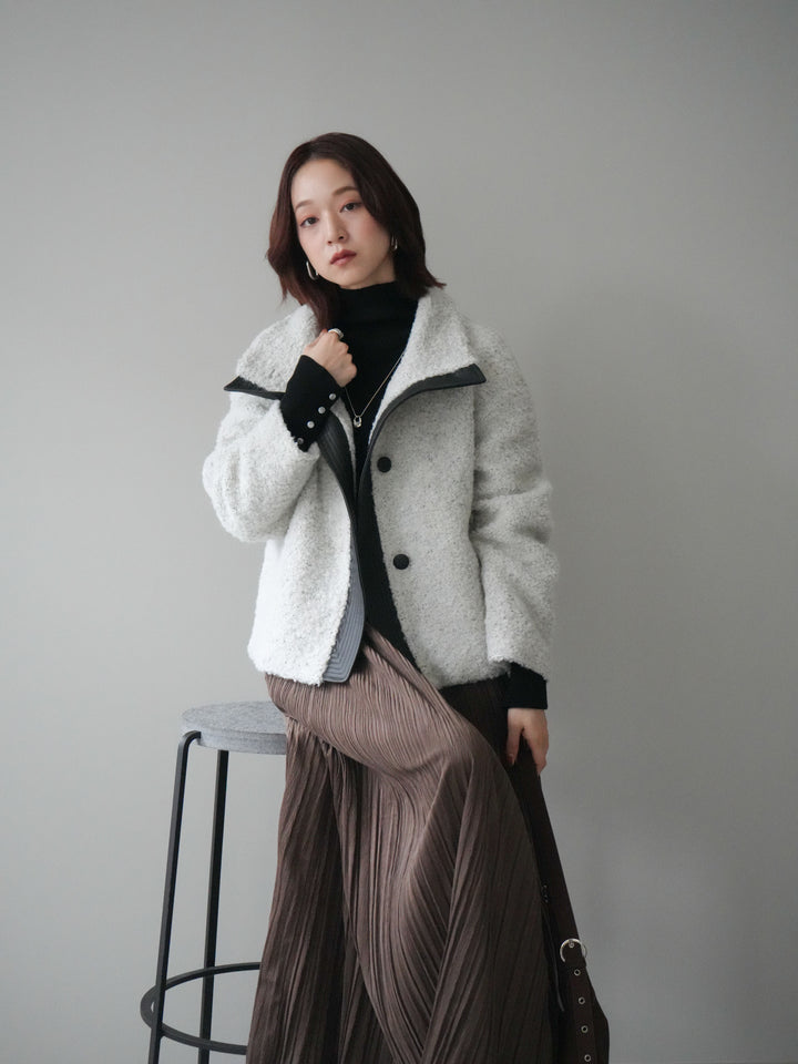 [SET]レザー切替ブークレブルゾン+袖ボタンボトルネックリブニットトップス+裾レーススウェードプリーツマキシスカート(3set)