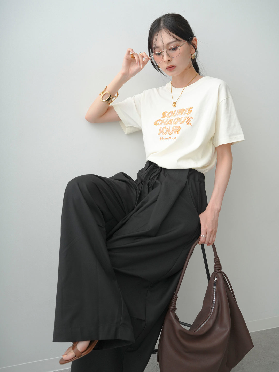 【套裝】Logo刺繡T卹+皮帶環彎腰闊腿褲（兩件套）