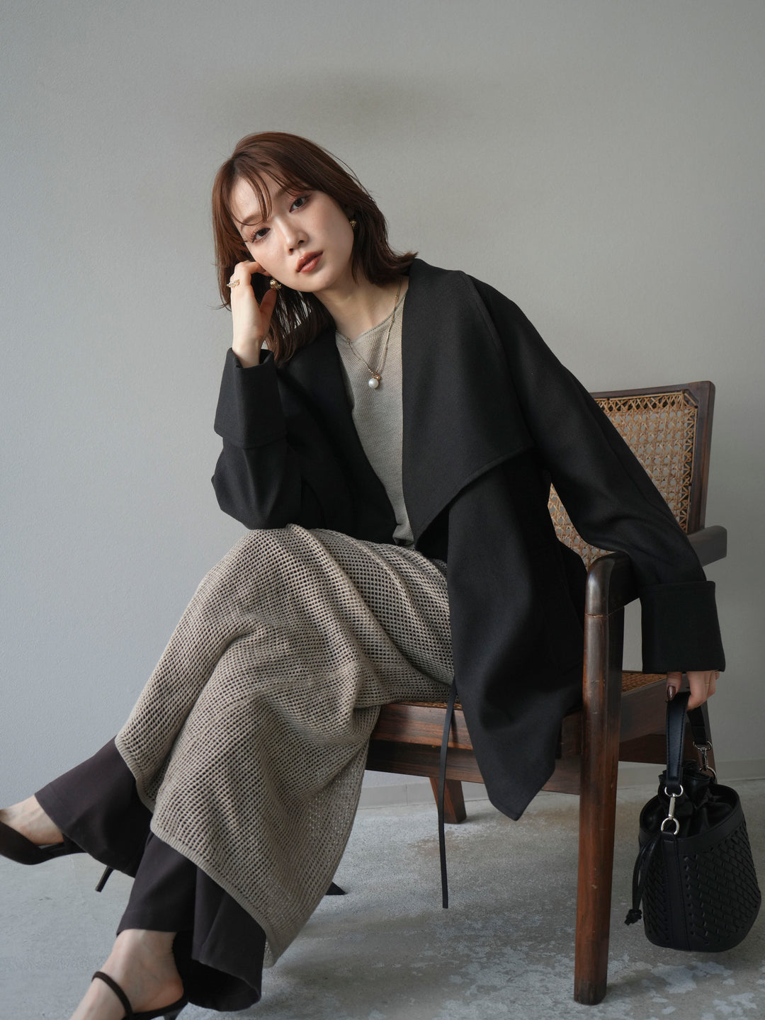 [予約]メッシュ切替ノースリーニットワンピース/beige