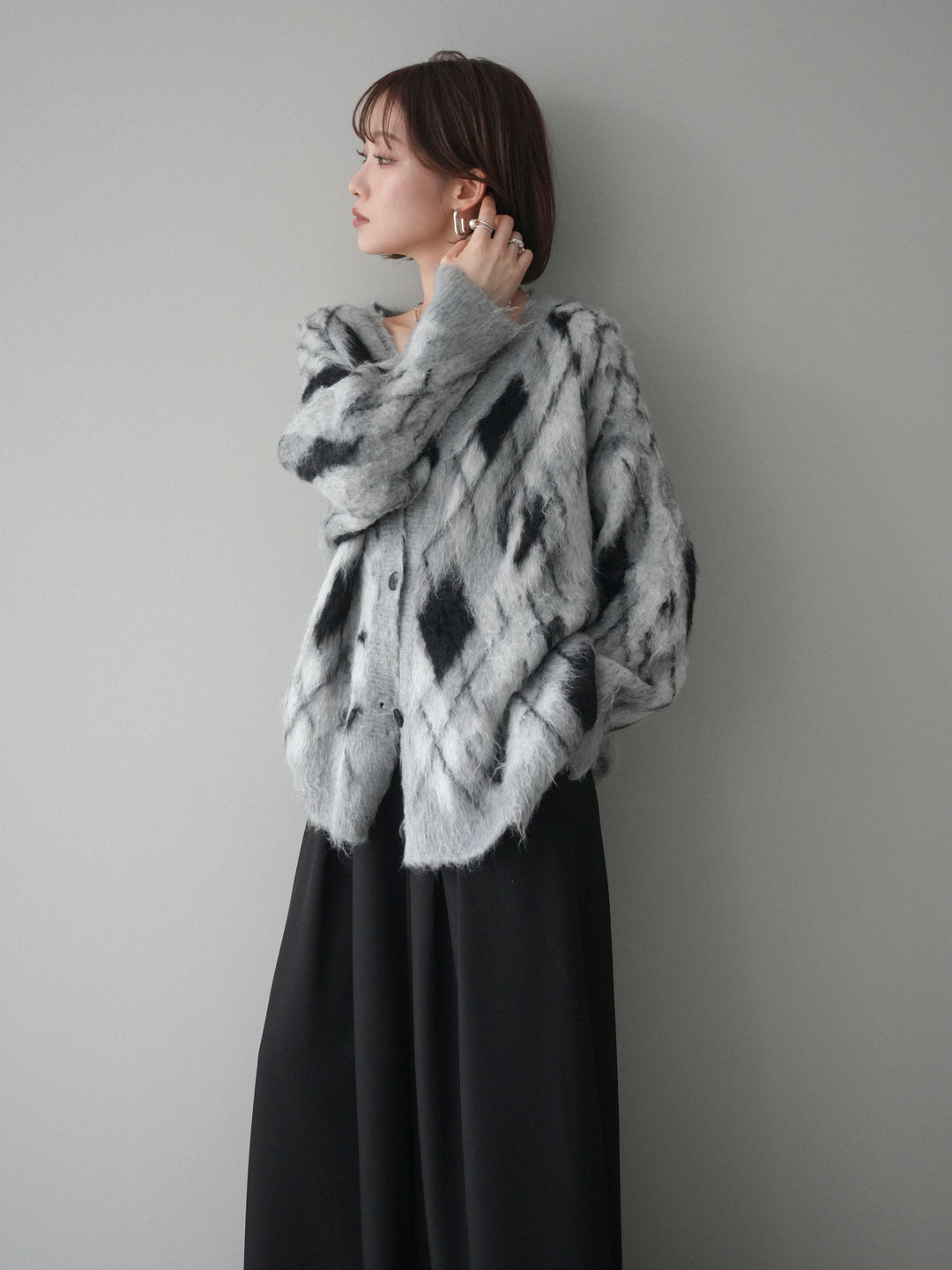 [予約]アーガイル柄シャギーニットカーディガン/gray