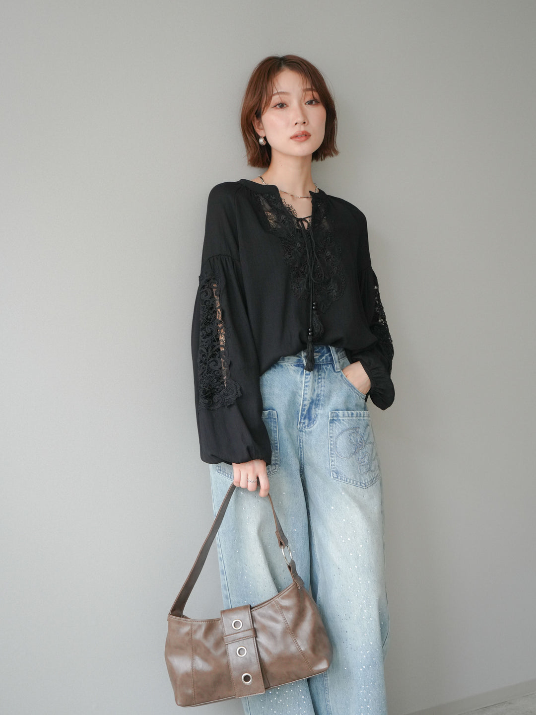 [予約]レーススリーブスキッパーブラウス/black