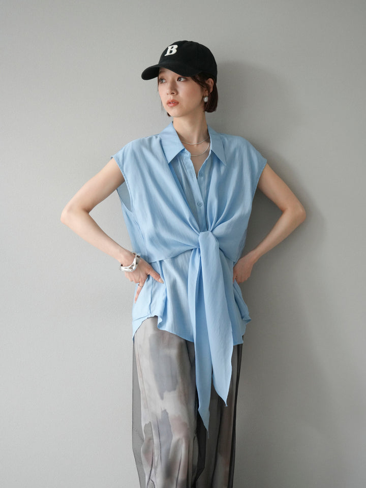 [SET] 前繫帶透視上衣 + 水彩藝術休閒褲 + 繩繡薄紗疊穿褲 (3 件套)