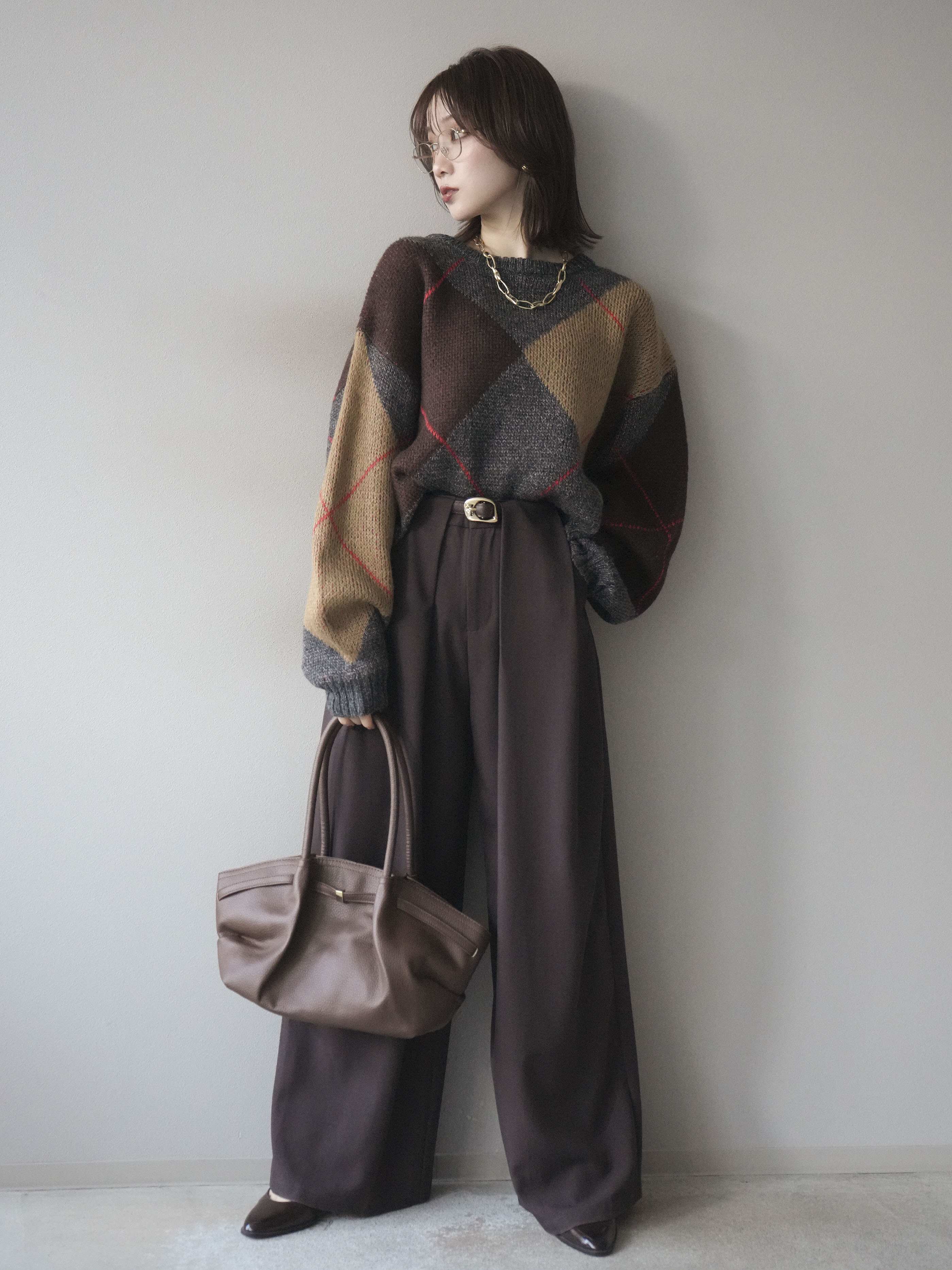 配色ステッチアーガイル柄ニットプルオーバー+ベルトループデザインワイドパンツ SET]配色ステッチアーガイル柄ニットプルオーバー+ベルトループ