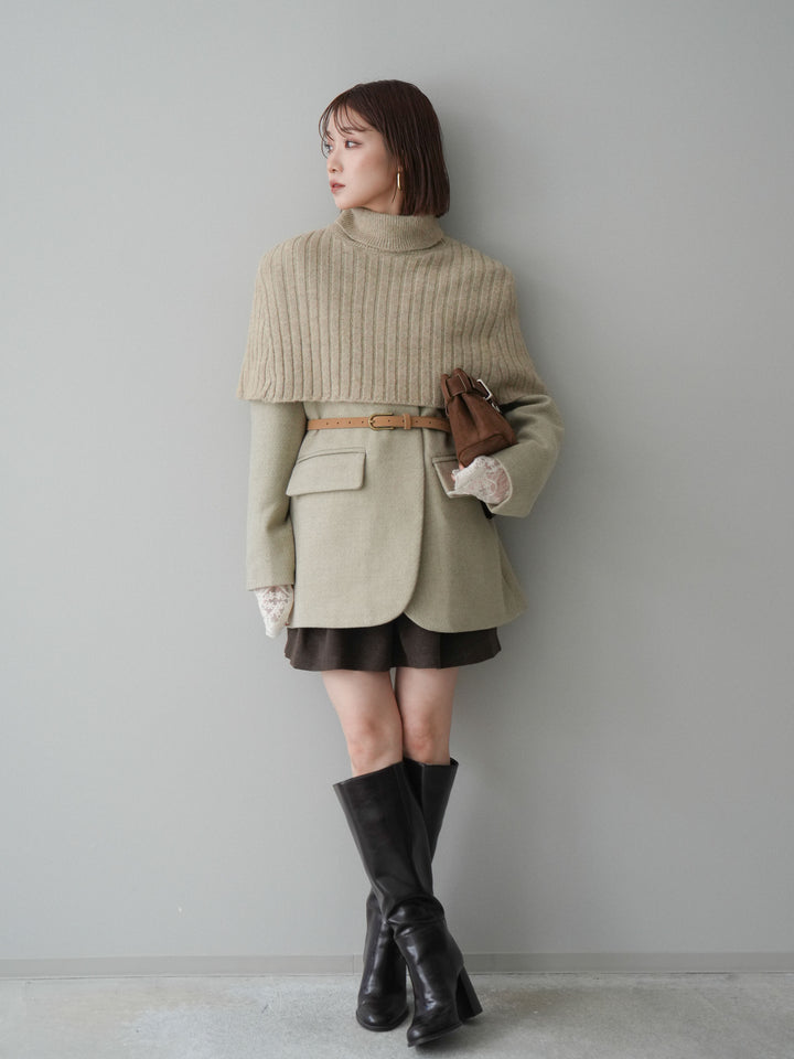 [SET]ケープ付ノーカラージャケット+ベルト付きタックミニスカート(2set)