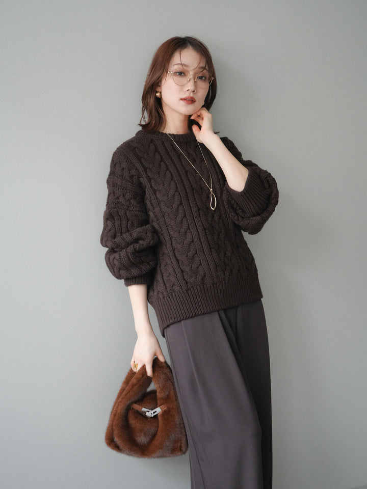 [予約]ボリュームケーブルニットプルオーバー/brown