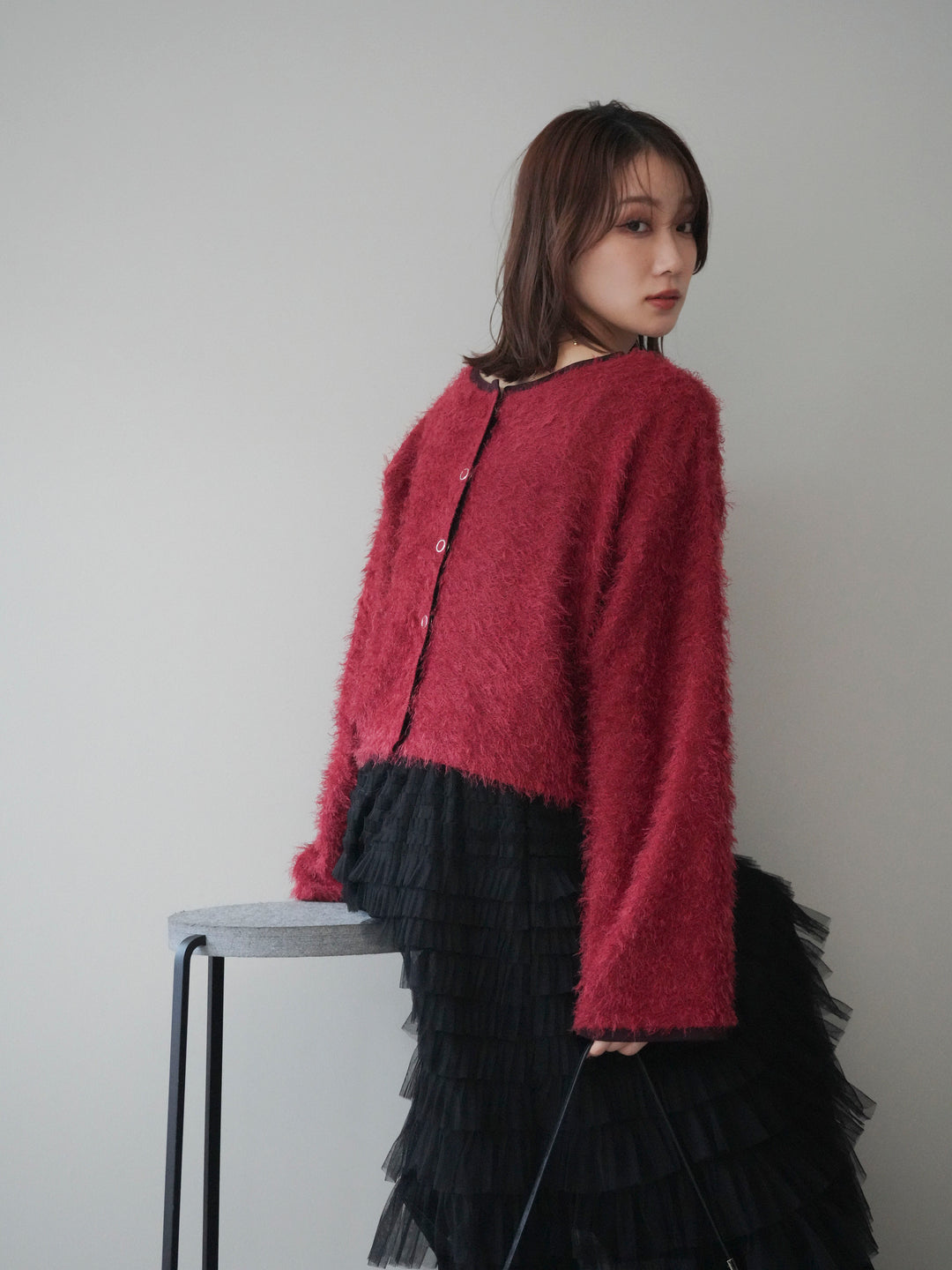 [予約]バイカラー2WAYシャギーニットカーディガン/red