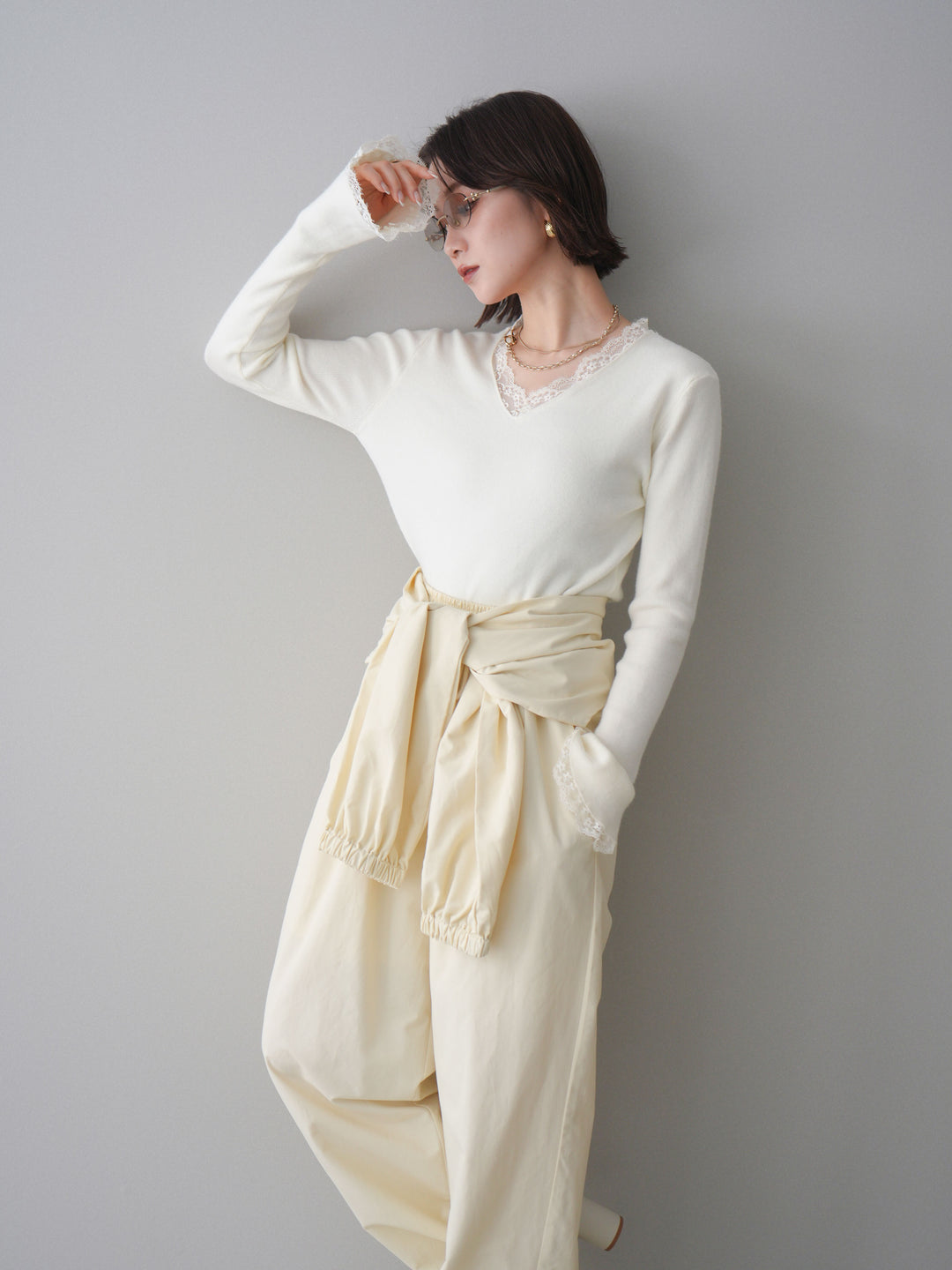 [SET]レースドッキングVネックニットトップス+レースドッキングVネックニットトップス(2set)