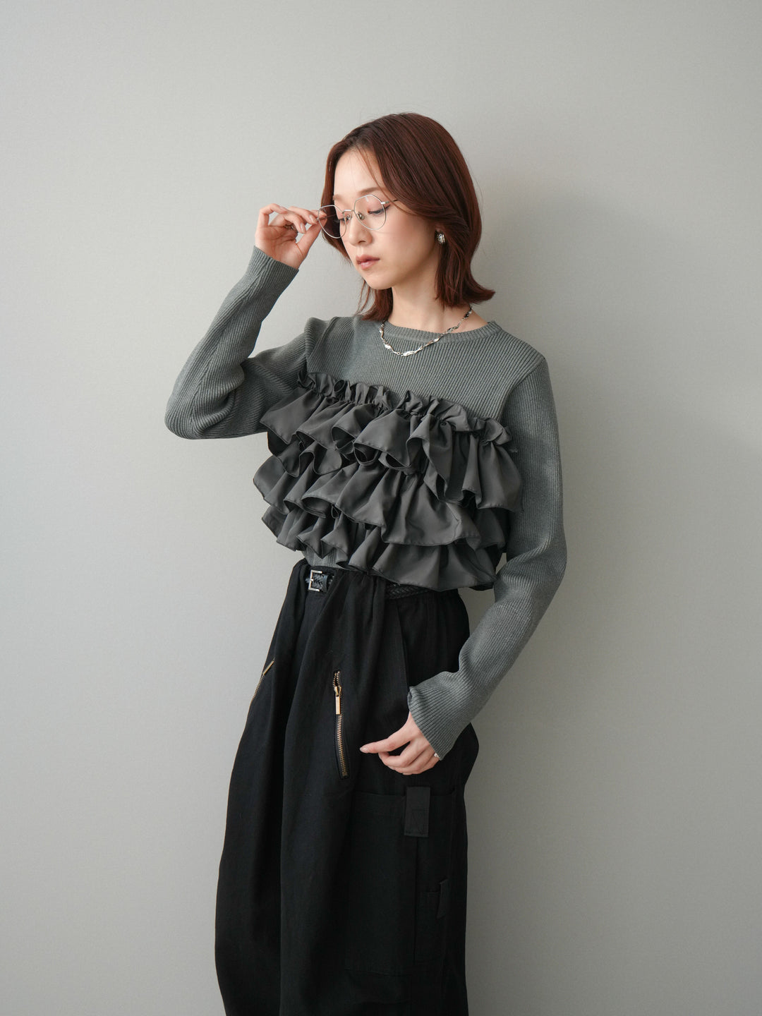 [SET]フリルビスチェドッキングスポンジニットプルオーバー+コットンタックループパンツ(2set)