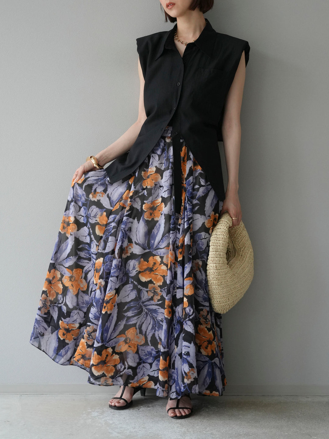 [予約]フラワープリントボリュームフレアスカート/ブラック