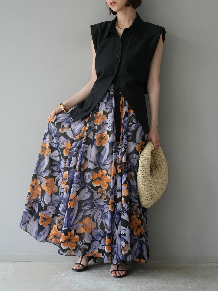 [予約]フラワープリントボリュームフレアスカート/ブラック