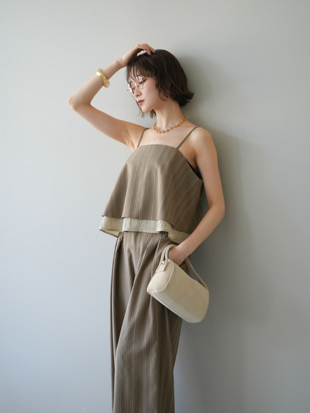 [SET]ピンストライプレイヤードキャミソール+ピンストライプタックワイドパンツ(2set)