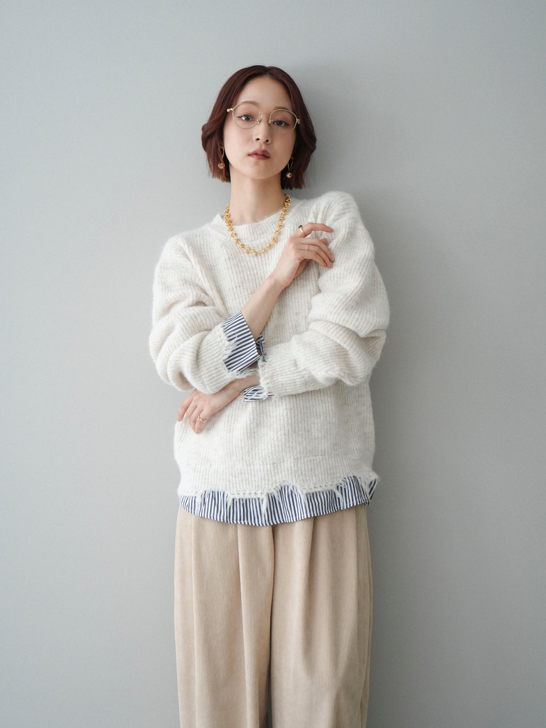 [SET]裾シャツレイヤードダメージニットプルオーバー+コーデュロイサイドタックコクーンパンツ(2set)