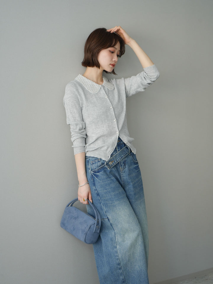 [予約]ビジュー襟パールボタンニットカーディガン/gray