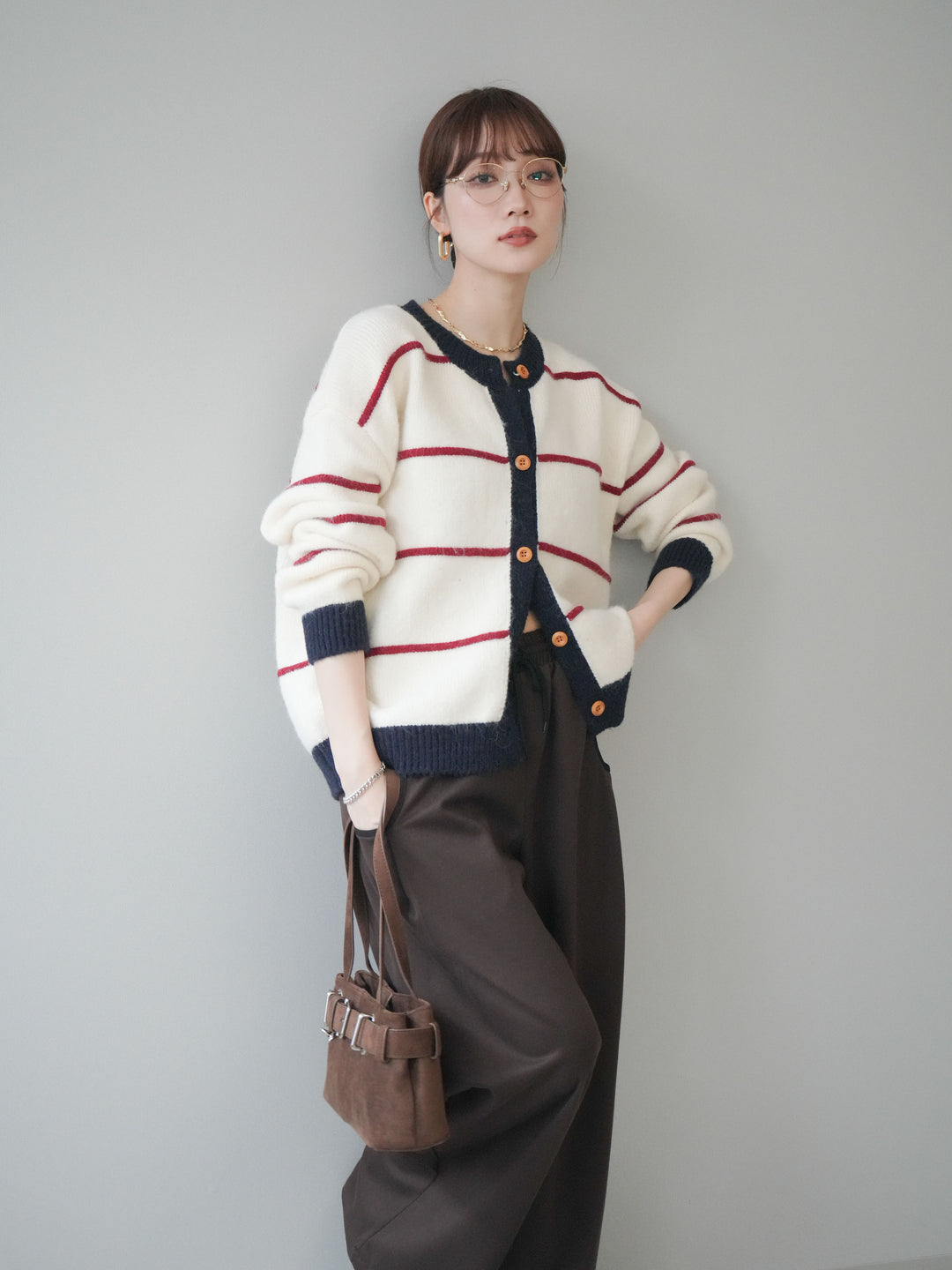 [予約]配色ボーダーニットカーディガン/red