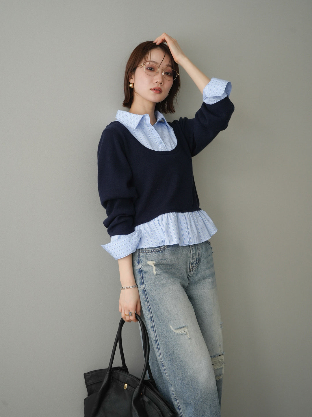 [SET]ストライプシャツUネックドッキングニットプルオーバー+ストライプシャツUネックドッキングニットプルオーバー(2set)