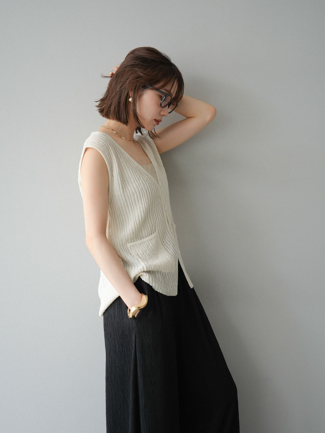 [SET] 波浪夏季針織背心+柳葉寬腿褲（2件套）