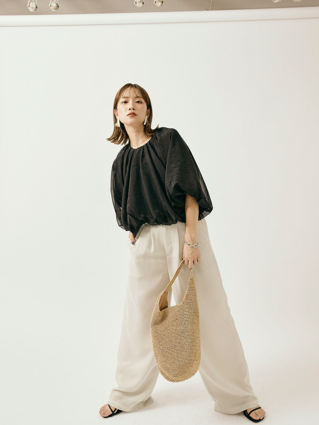 [予約]メッシュタックワイドパンツ/オフグレー