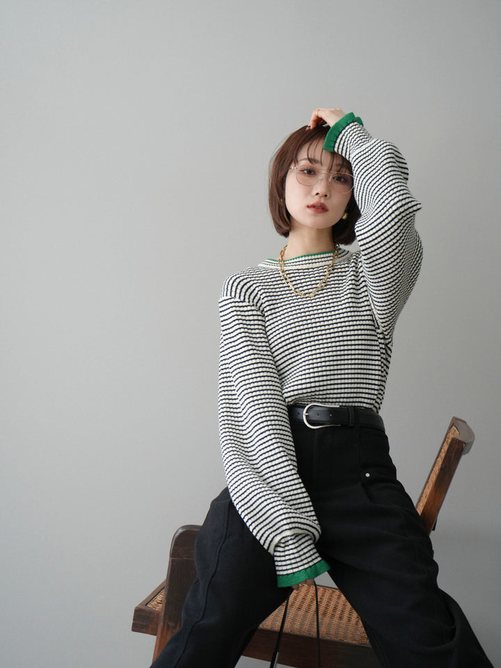 [SET]ラメ異素材ボーダーリブニットプルオーバー+ベルト付起毛コクーンパンツ(2set)